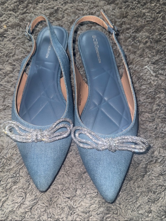 BCBGeneration Shoes - BCBGeneration Denim Blue Pointed Slingback Flats with Rhinestone Bow